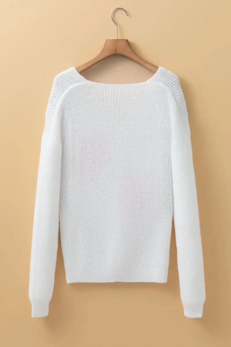 White Pearl Beaded Heart Pattern Fuzzy V Neck Sweater - Love Salve